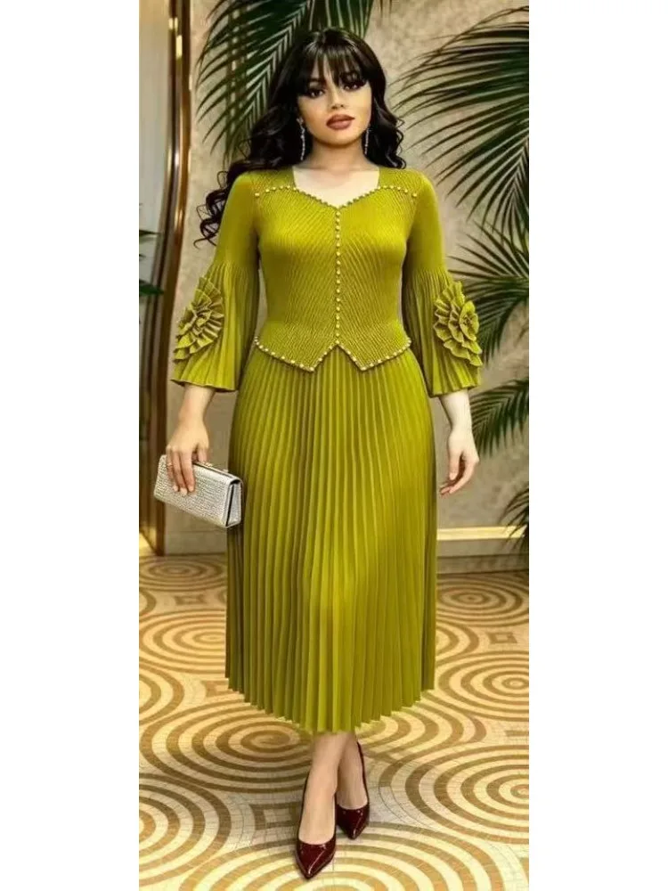 2026 Miyake V-neck Bead Loose Fashion Women's Clothing Fashionable and Elegant Solid Color Pleated Casual New Dress