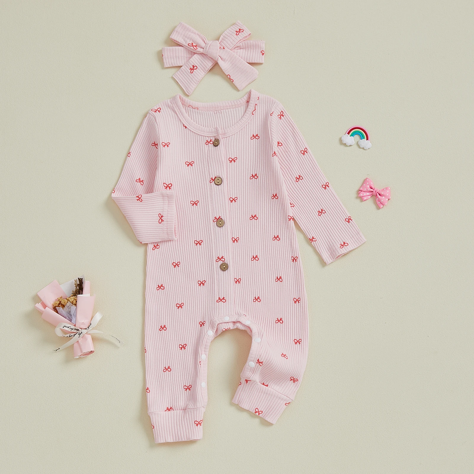 ملابس للفتيات حديثي الولادة بفيونكة مطبوعة وأكمام طويلة بدلة رومبير مضلعة مع عصابة رأس على شكل فيونكة ملابس ربيعية للأطفال الرضع #1
