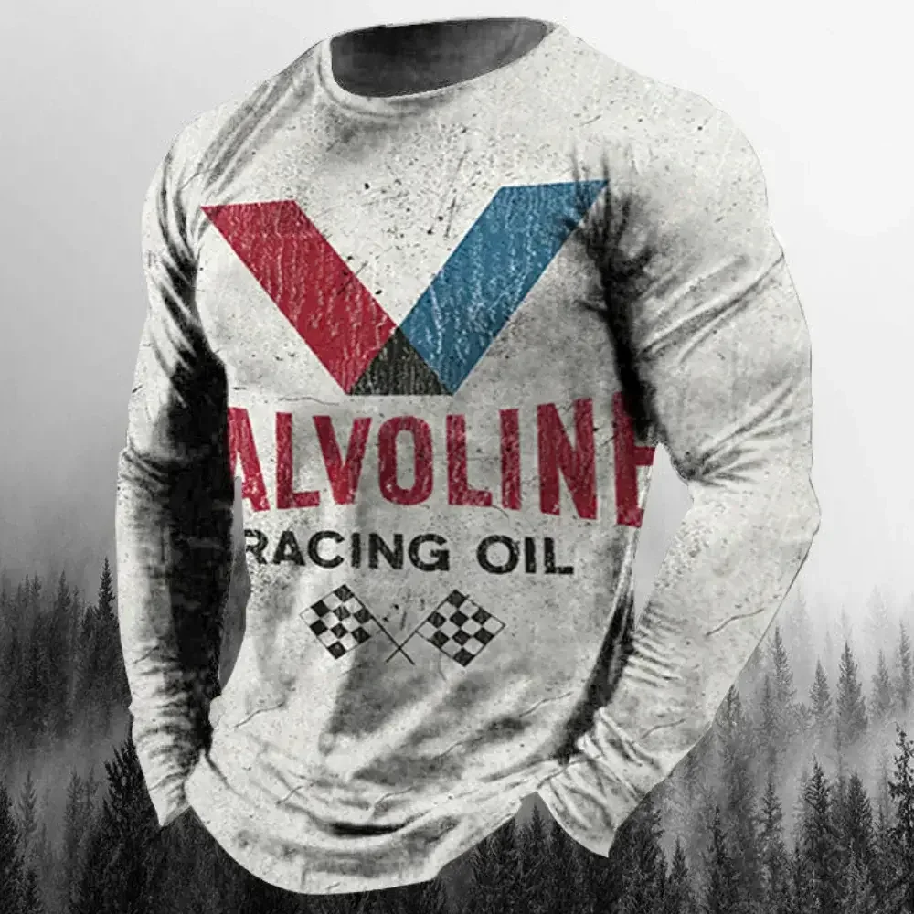 Vintage Men's T Shirt Long Sleeve Cotton Top Tees Castrol Oil Graphic 3D Print Motorcycle T-shirt Oversized Loose Comfortable To