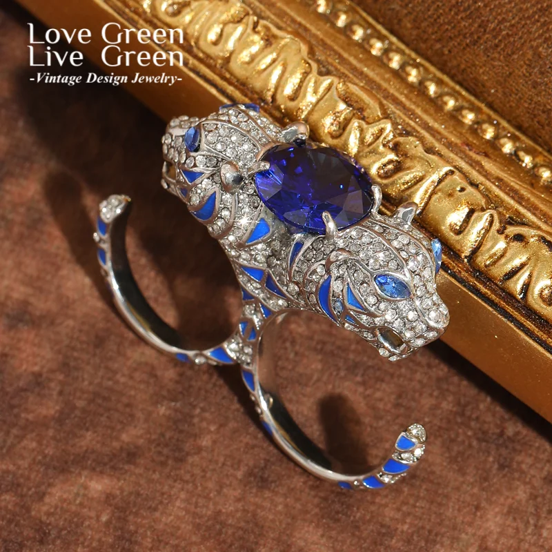 

Vintage Silver Color Leopard Rings Green Two Circle Cystal Zircon Rhinestone For Woman Accessories Luxury Dubai Jewelry Brand