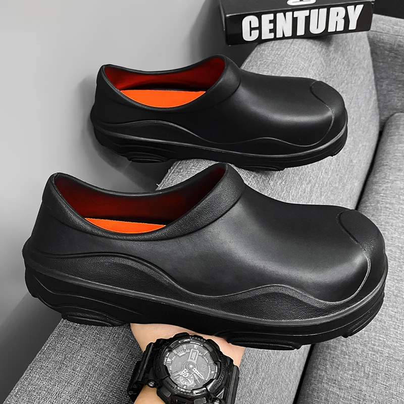 

Fashion Black Work Shoes for Men Waterproof Non-slip Chef Shoes Men Comfortable Slip-on Rainwater Shoes Men Workers Safety Shoes