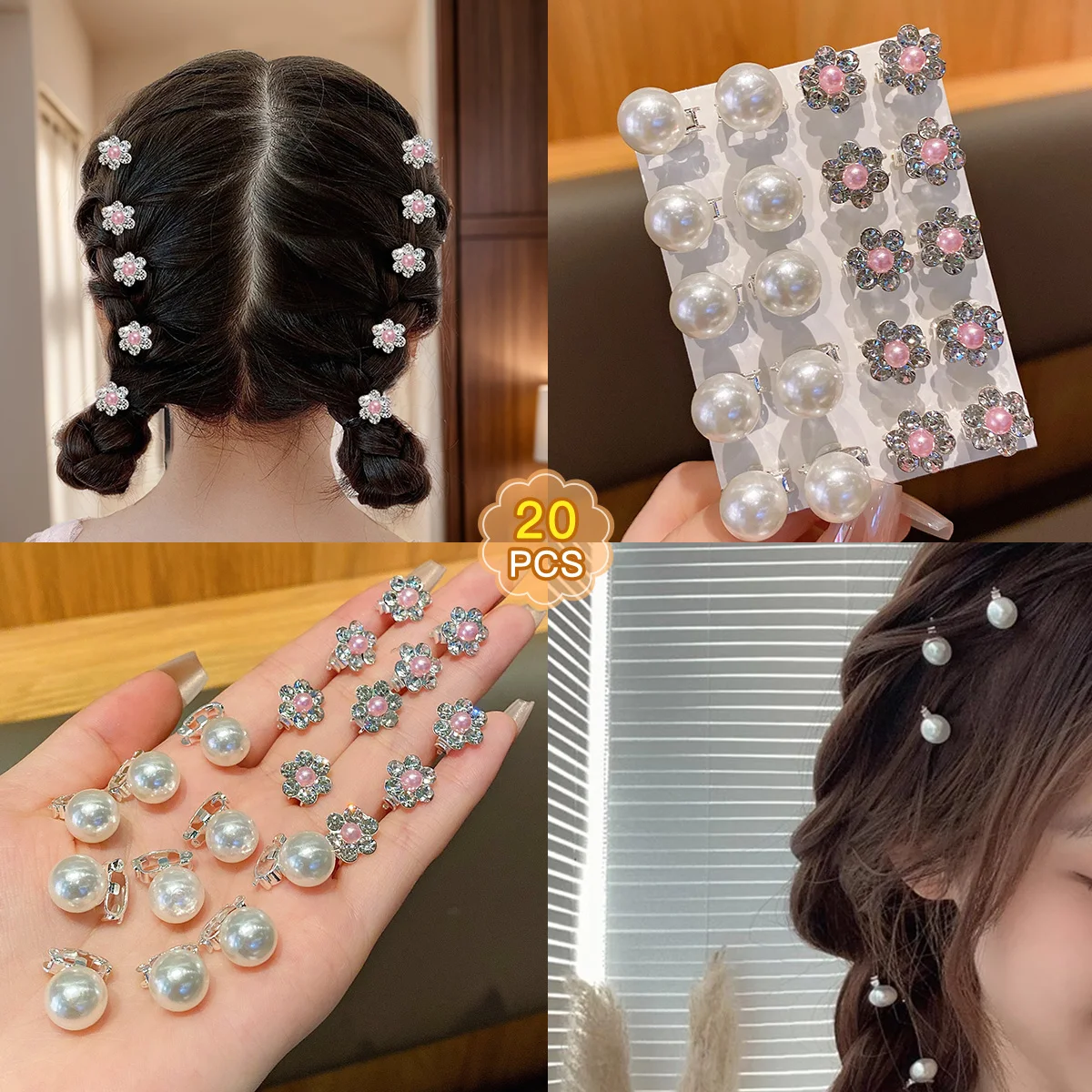 

20 alloy rhinestone hair clips, fashionable hair clips, imitation pearl hair accessories