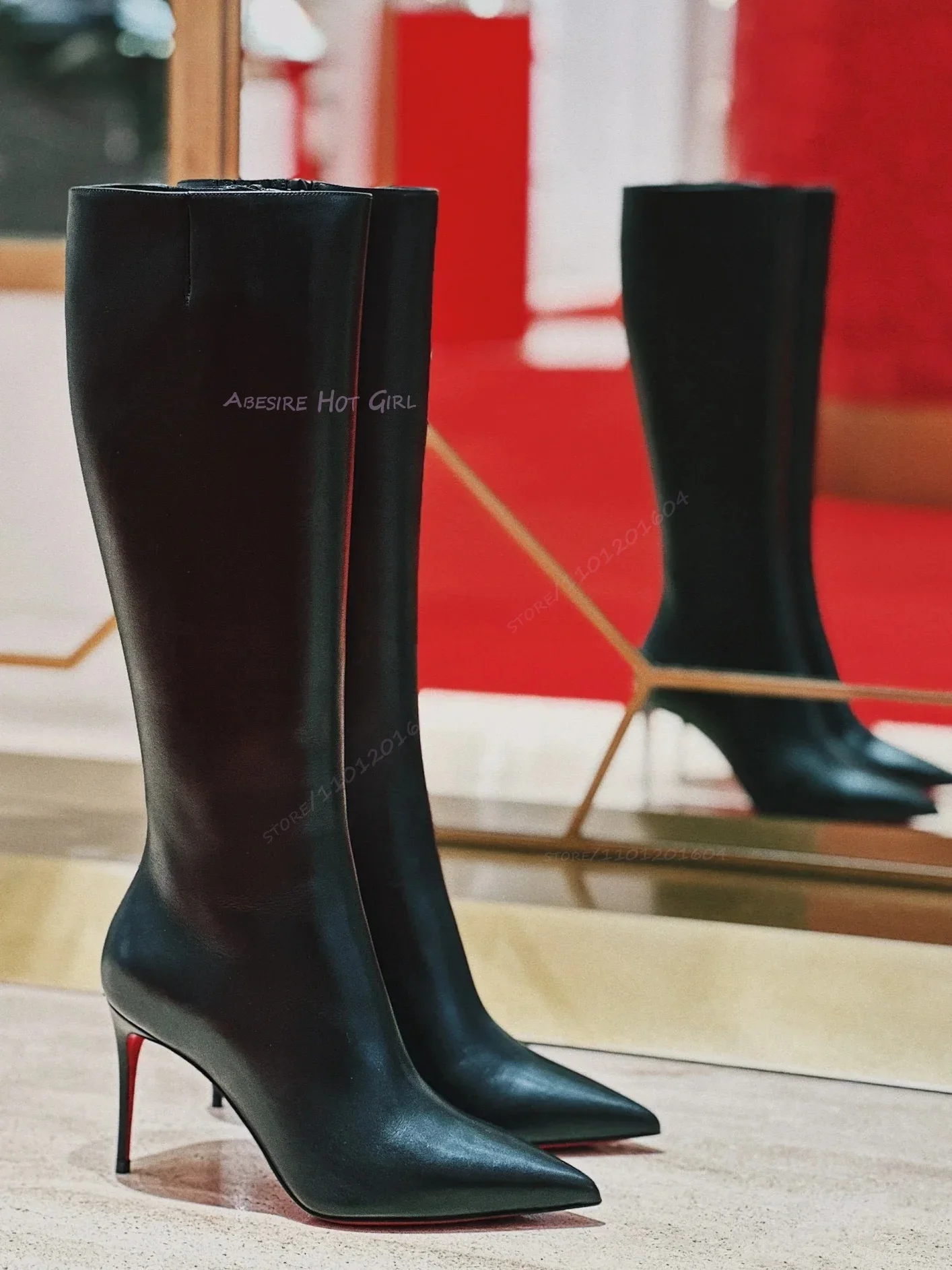 

Women Black Matte Leather Boots Knee Stiletto Heels Side Zipper Casual Work Heels Pointed Toe Simple Genuine Office Lady Shoes