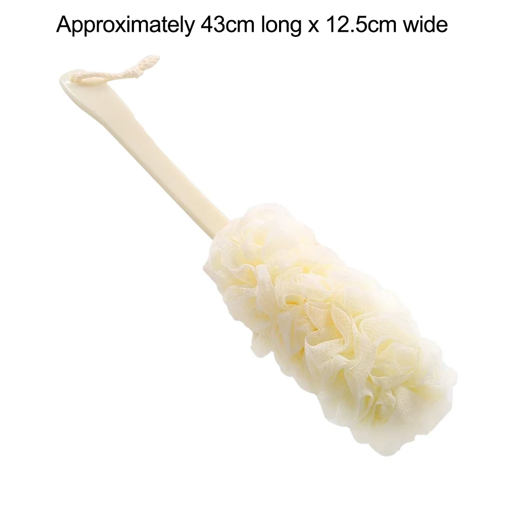 

Long handle bath body brush soft mesh shower sponge for gentle skin exfoliation and easy reach to back and other body parts