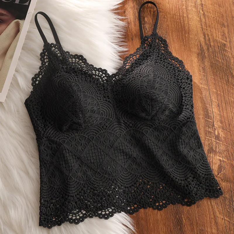 Minimalist Women Soft Breathable French Lace Cami Top Built In Chest Pad Beauty Back Slim Fit Solid Color Inner Outer Wear