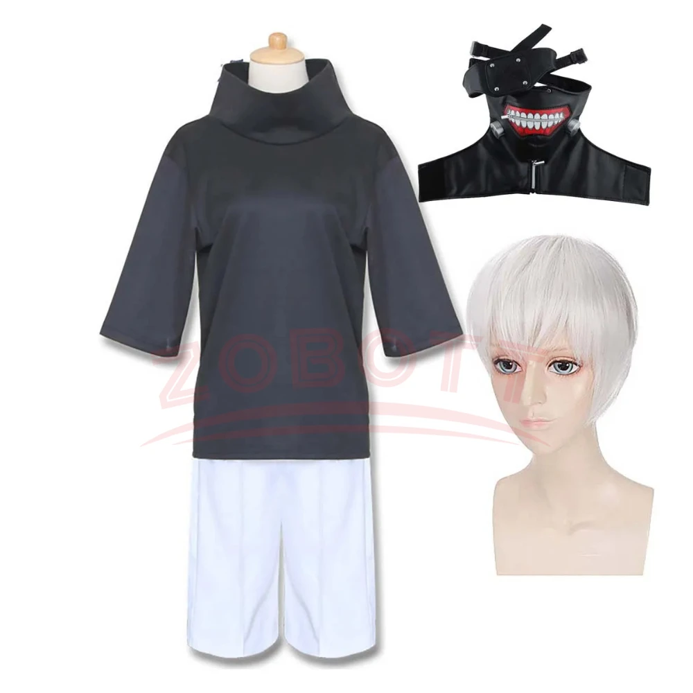 Disfraz de Anime japonés Tokyo Ghouls Kaneki Ken, peluca, conjunto completo, disfraz informal diario, Tops, pantalones cortos, traje de Halloween para hombre