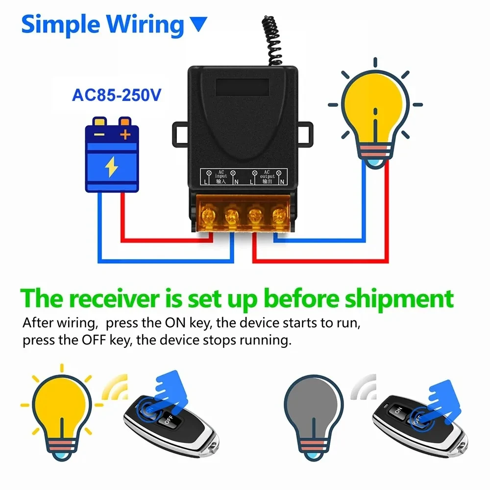 Relay Receiver + On/Off Transmitter AC 220V 20A 1CH 433Mhz Wireless Remote Control Switch RF For Electric Appliance Lamp