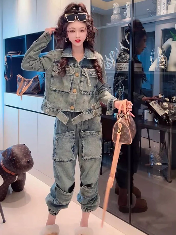Multi Pockets Denim Pants Outfit Sexy Women Two Pieces Elegant Jeans Casual Matching Set Jacket+Trousers