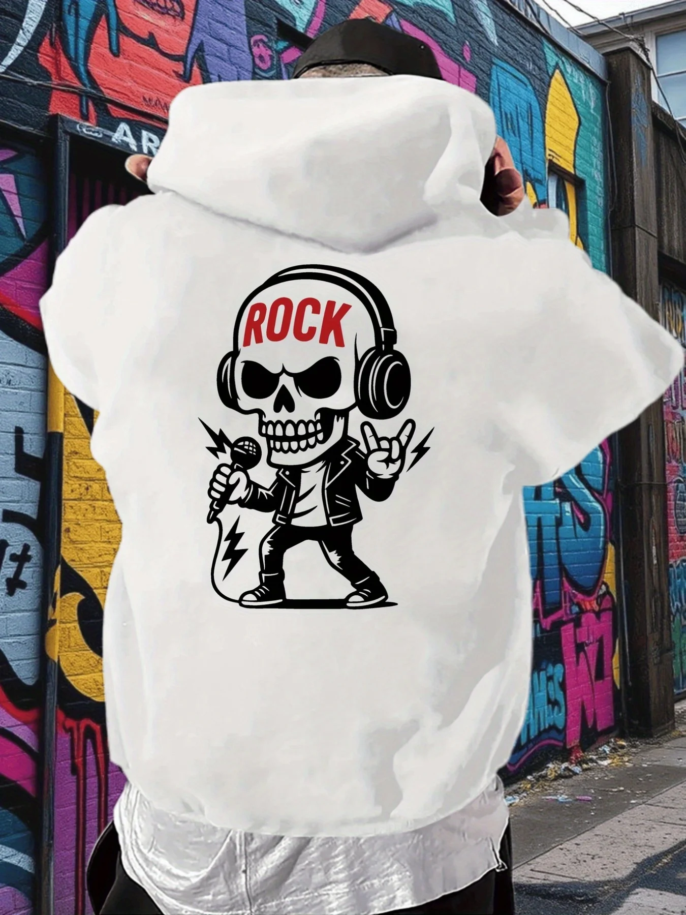 هوديي مطبوع على الموضة للرجال، هوديي رياضي متعدد الاستخدامات فضفاض كبير الحجم، أنماط مطبوعة خلفية، هوديس رجالي