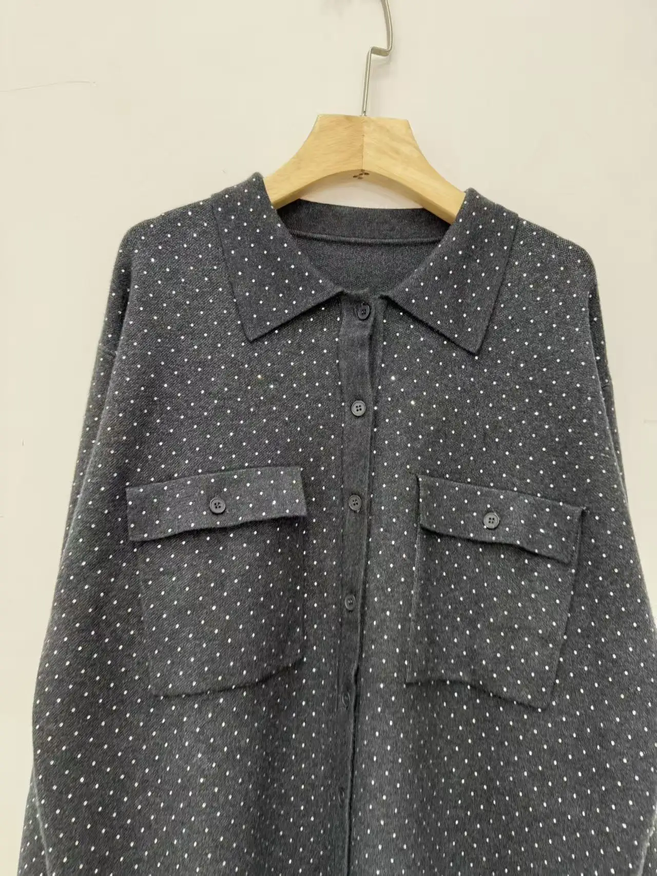 

Ladies' Grey Diamond Jewelry Set Turn-Down Collar Single Breasted Long Sleeves Knitted Cardigan + Lace Up Pants Fashion Suit