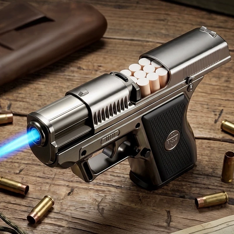 Windproof Belt 3 Cigarette Boxes Pistol Style Lighter Metal Jet Turbo Inflatable Outdoor Lighter Personalized Men's Gift