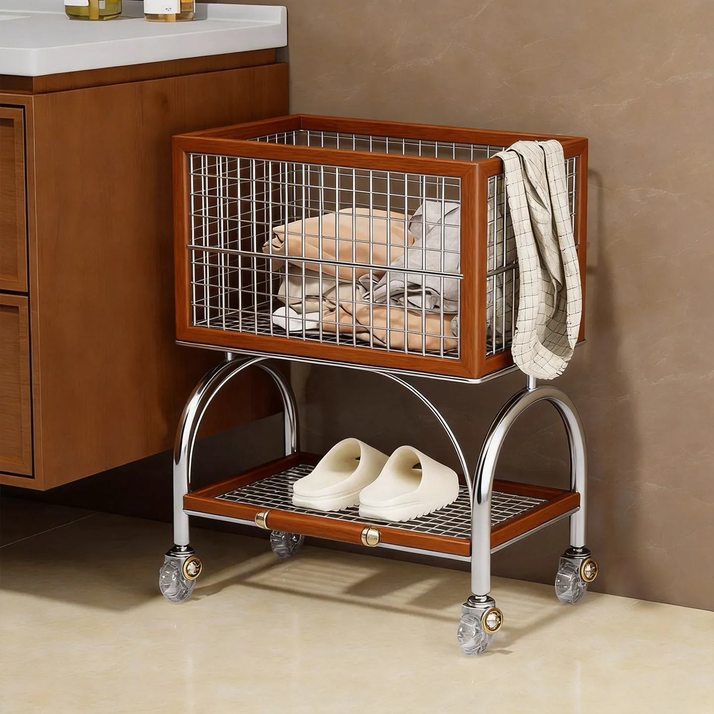 HYS Dirty clothes storage basket Toilet bathroom Multifunctional floor-to-ceiling movable cart Dirty clothes sorting rack