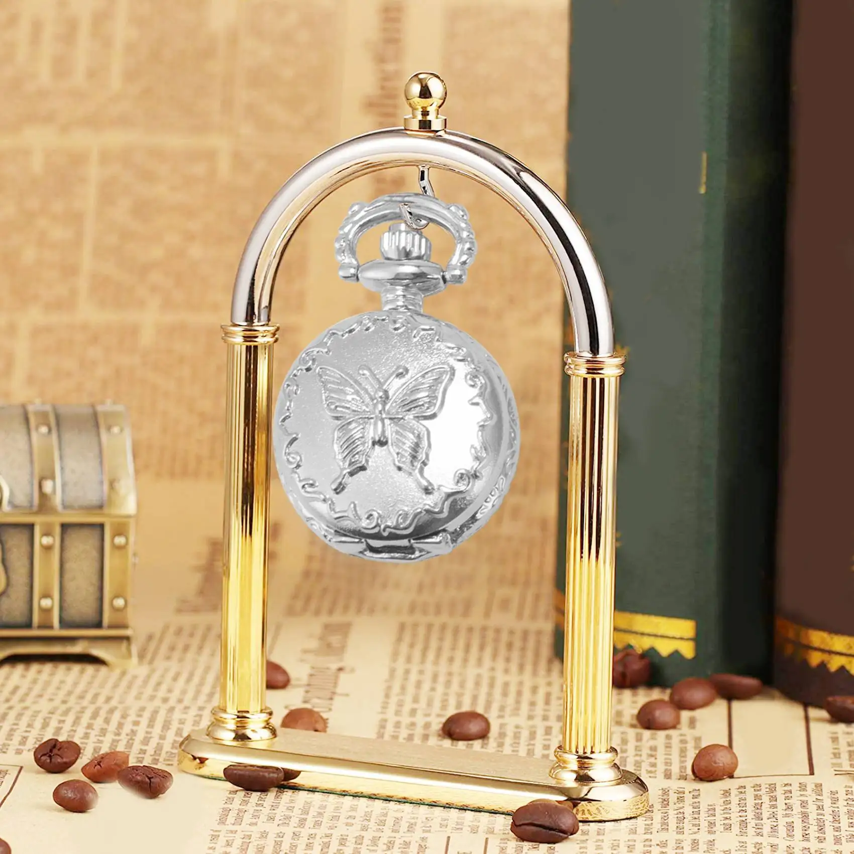 T27C Silver Quartz Butterfly Arabic numerals Pocket Watch with Vintage Necklace