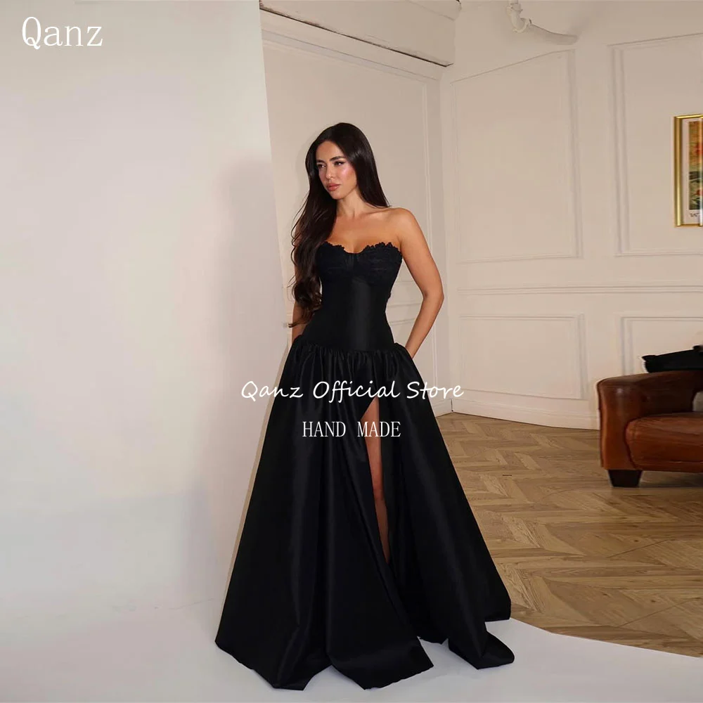 

Черное атласное платье Qanz с высоким разрезом, вечернее, с вырезом «сердечко», без спинки, для женщин, на заказ