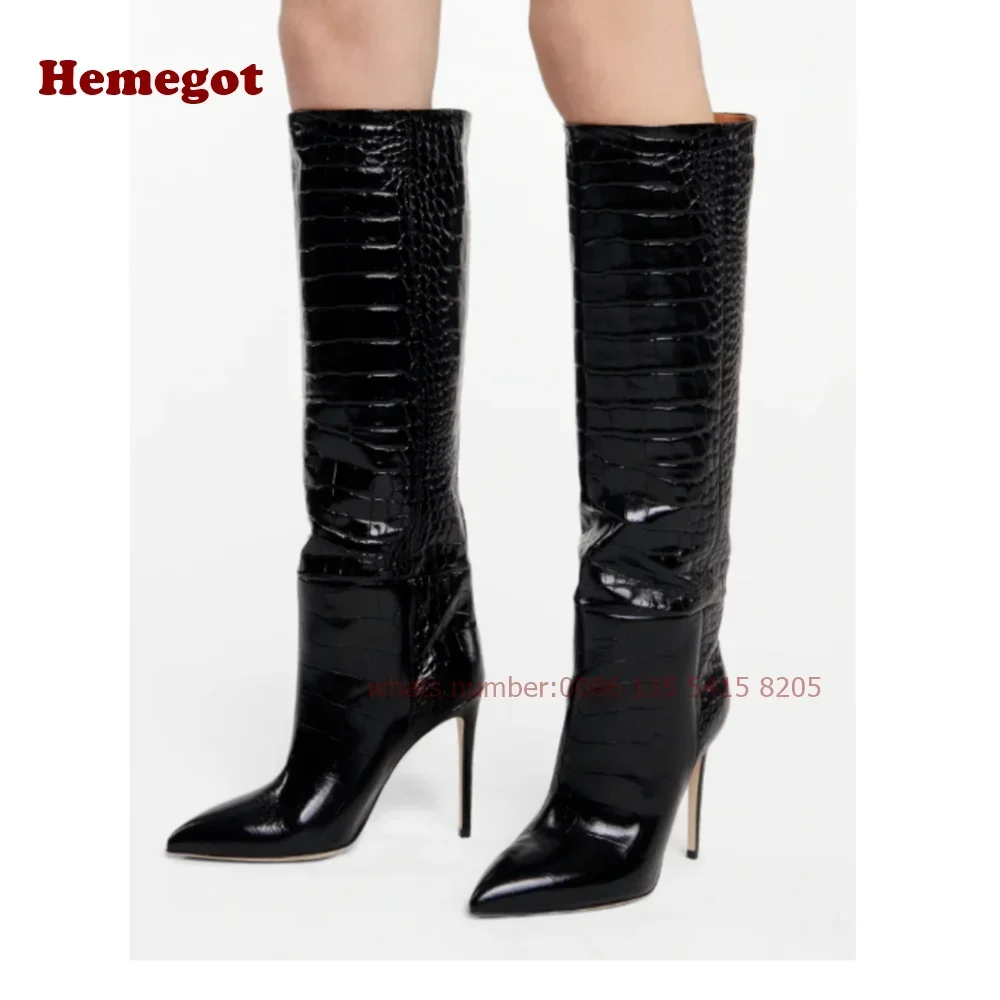 التمساح نمط حذاء برقبة للركبة مدبب تو الخنجر الكعوب الانزلاق على الأحذية النسائية جلد غير رسمي الصلبة شتاء دافئ المدرج الأحذية #6