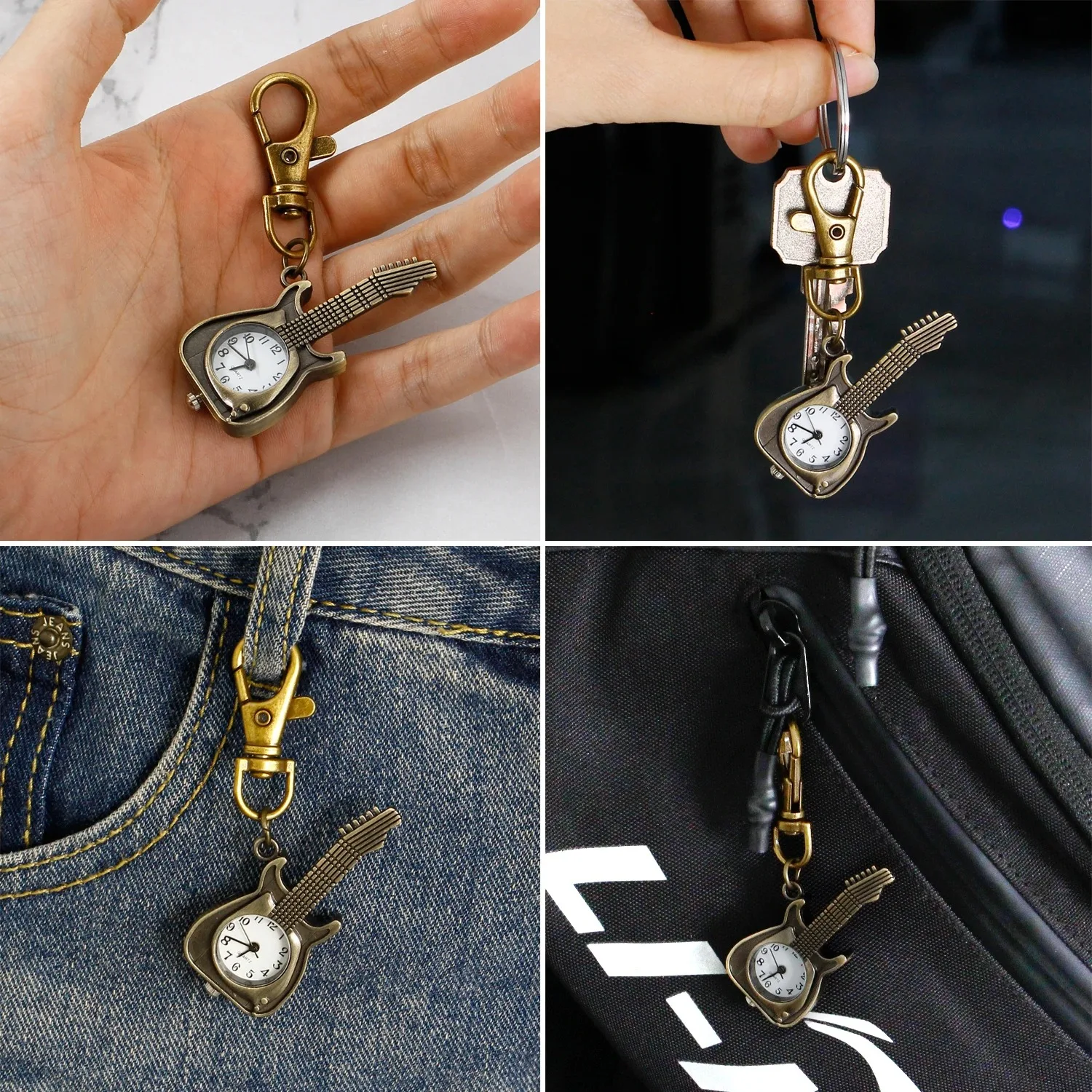 تصميم جيتار صغير لطيف ساعة جيب كوارتز للأطفال هدايا خمر المفاتيح قلادة ساعة هدايا رائعة للنساء الرجال