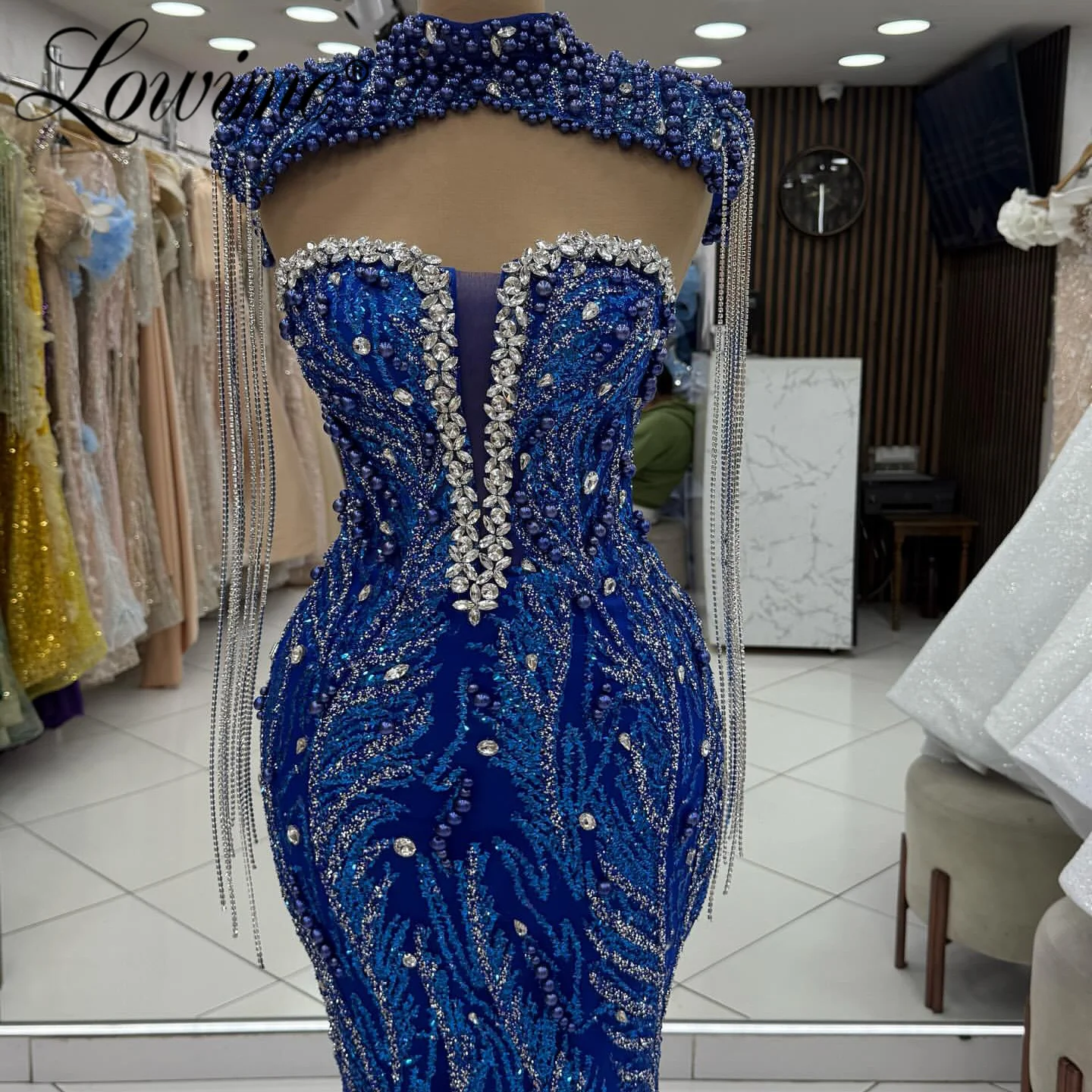 Robe de soirée bleue élégante, avec pompons en cristal, robes de bal arabes personnalisées, robe de soirée sirène perlée pour Robes de mariage, 2026