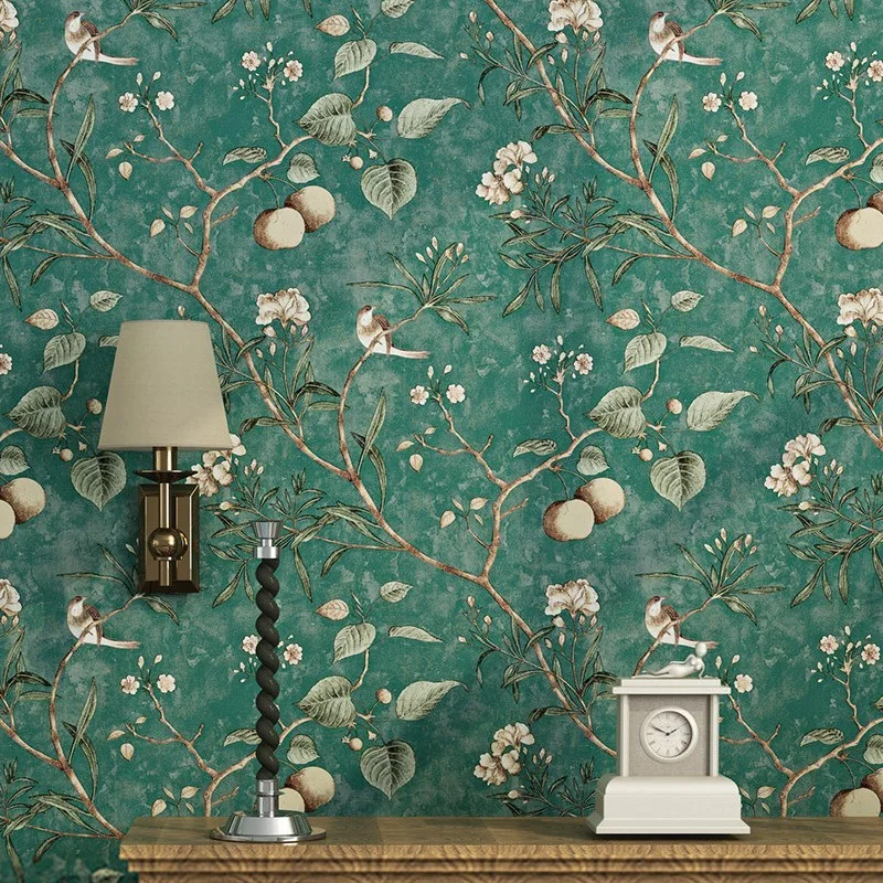 papel-de-parede-rustico-vintage-nostalgico-verde-escuro-floral-com-passaros-para-sala-de-estar-e-quarto-estilo-americano-country