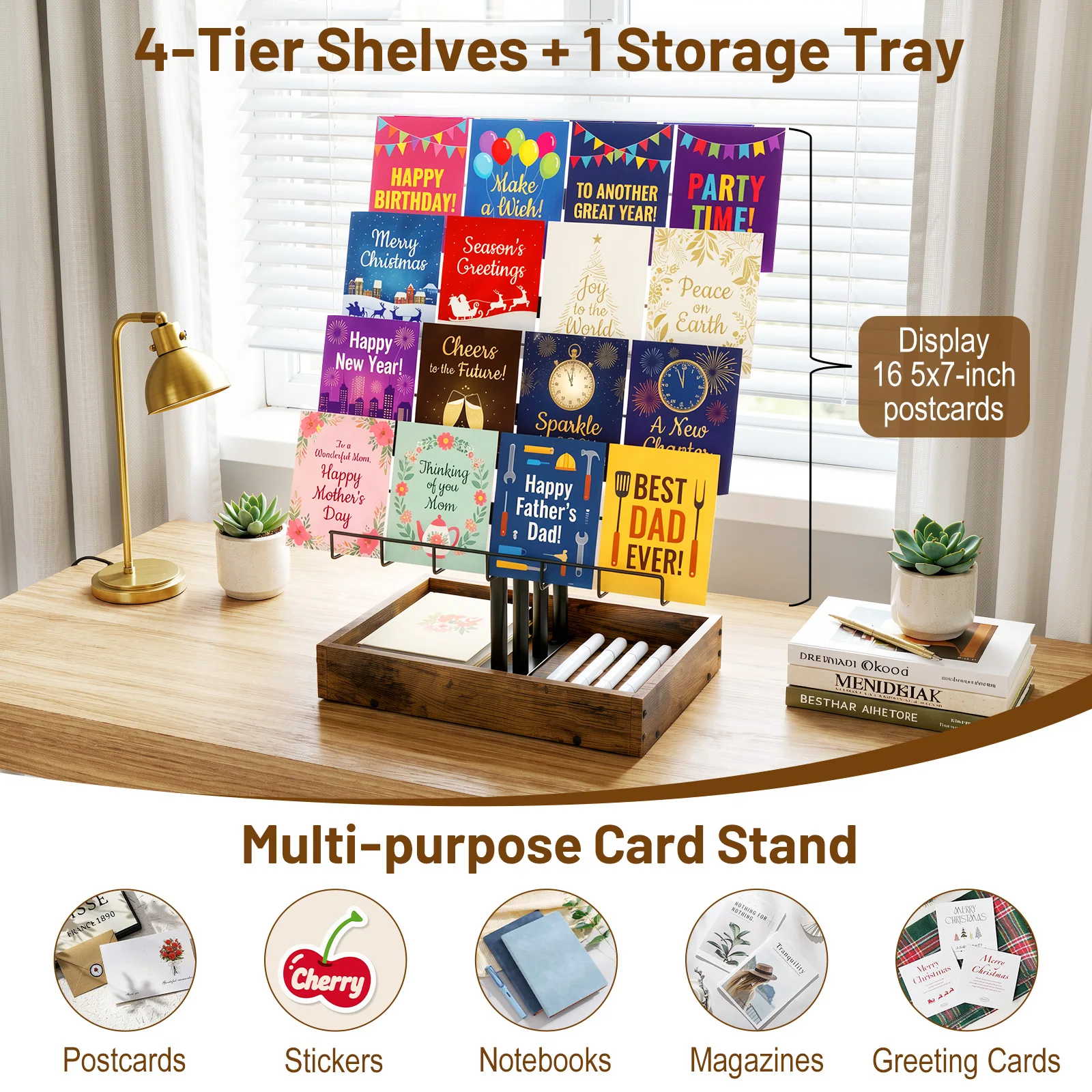 Greeting Card Display Stand 4-Tier Carbon Steel Card Stand Wooden Storage Box for Retail Stores, Display Rack for Postcard Photo