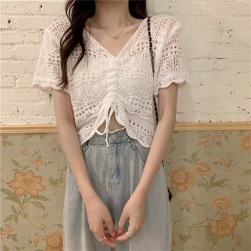 

Drawstring Front Pointelle Knit Crop Top Short Sleeve Open Knit Lace Blouse Women Boho Cover Up Vacation Beach Cover-up