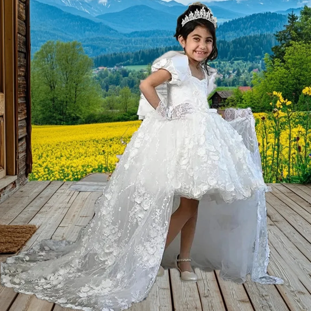 

White Flower Girl Dresses 3D Floral Appliques Girls Pageant Gowns Puffy Kids Birthday Party Dress First Communion Gowns