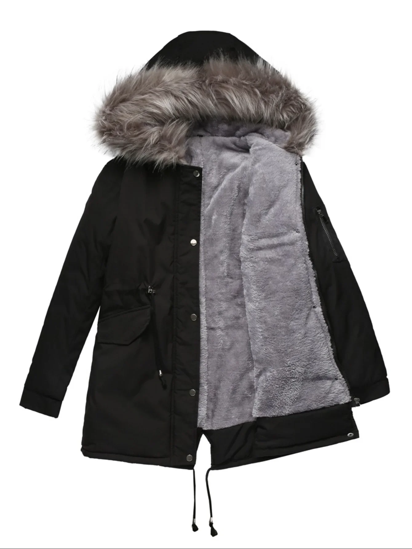 Casaco acolchoado quente de manga comprida feminino, jaquetas com cordão, parka com zíper, comprimento médio, monocromático, casual, inverno, 2023