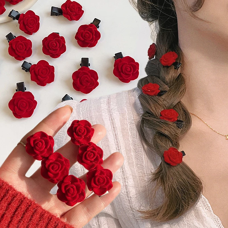 Pinzas para el pelo rosas de terciopelo rojo coreano para mujer, horquillas pequeñas de flores, pinzas para el pelo elegantes, pasadores, accesorios para el cabello de boda