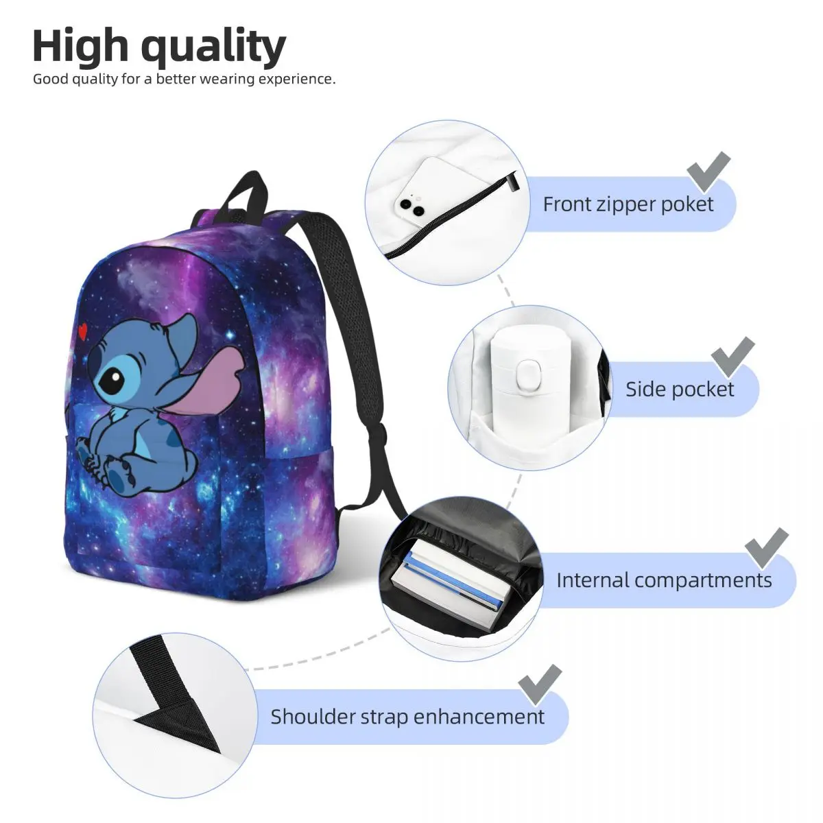 Stitch In Love-Mochila clásica con bolsillo para hombre y mujer, morral de lona para estudiantes, senderismo, viaje