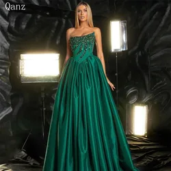 Qanz Emerald Green Evening Dresses Luxury Long A Line Crystal Floor Length Vestidos De Gala Mujer Dresses For Women Customized