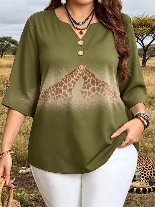 Safari Wildlife Print Blouses Notch V Neck Half Button 3/4 Sleeve Gradient Leopard Animal Graphic Loose Casual Women Shirts
