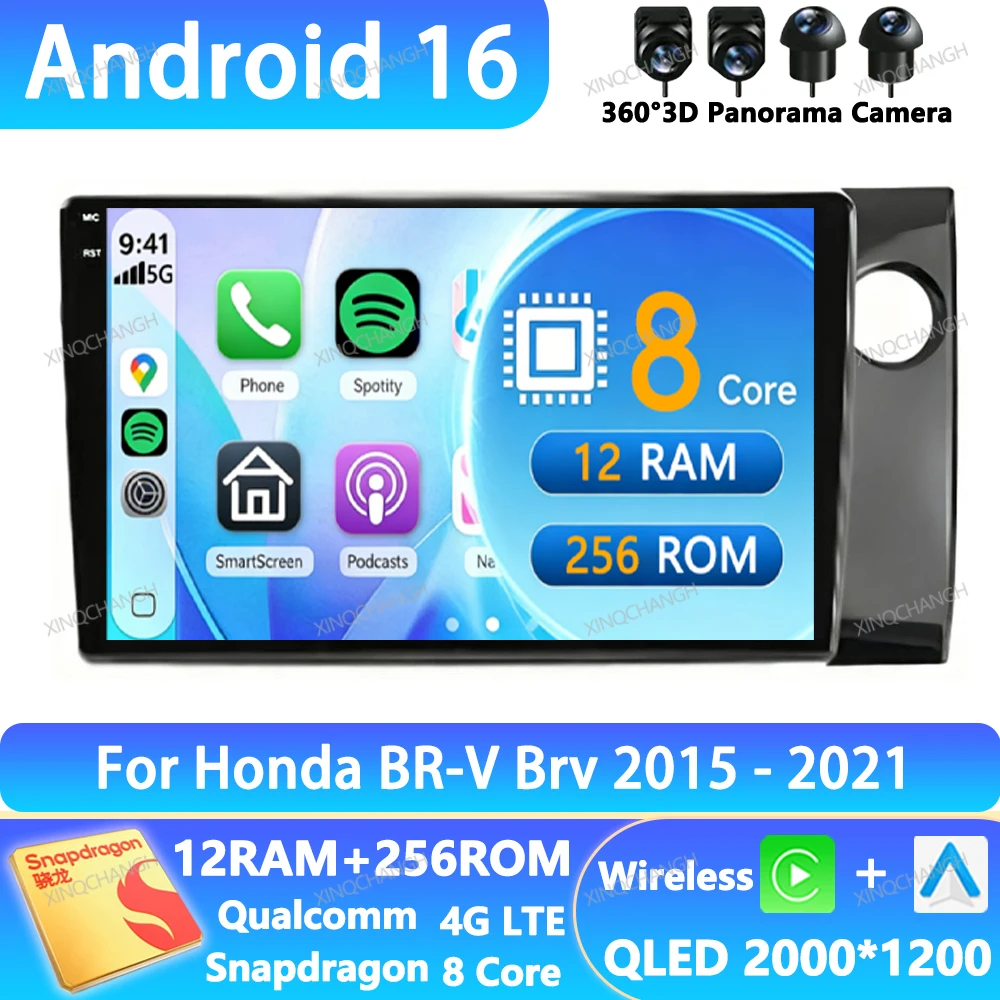 Radio para Auto Android 16 para Honda BR-V BRV 2015-2021, Reproductor Multimedia de Video 2DIN, 4G LTE, 5G WIFI, Unidad Principal con Navegación QLED GPS BT