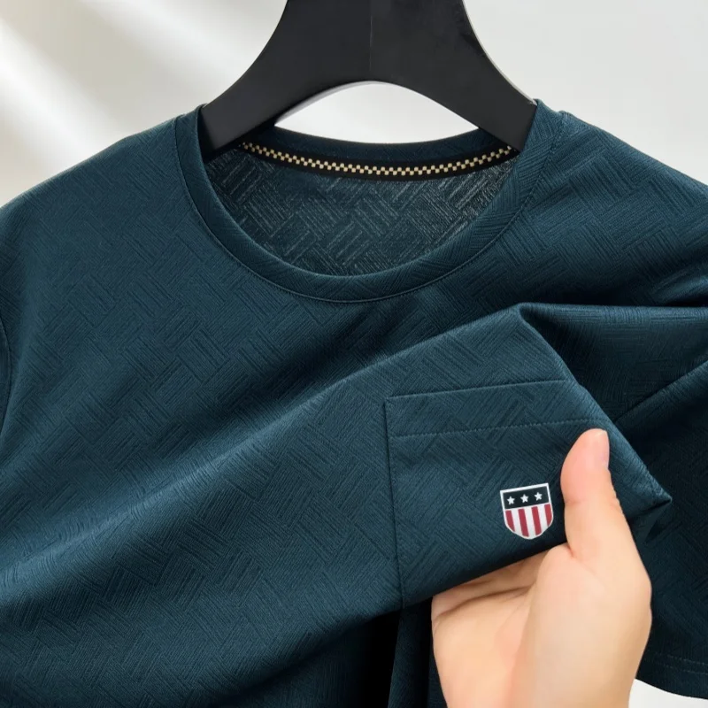 British Style Men Summer Short-Sleeved T-Shirt Round Neck Solid Color Real Pocket Stamp T-Shirt Business Casual Men's Clothing