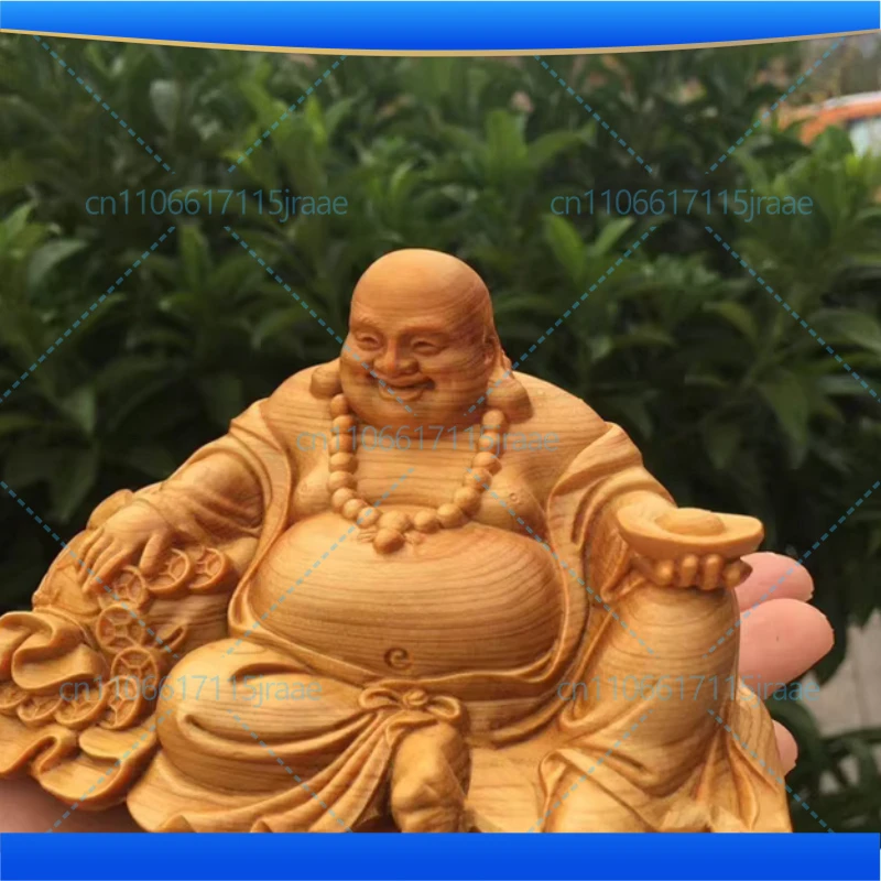 Natural Cypress Ingot Maitreya Buddha  Statue Chinese characteristic wood carving Home, Room, Office, God of Wealth Accessories