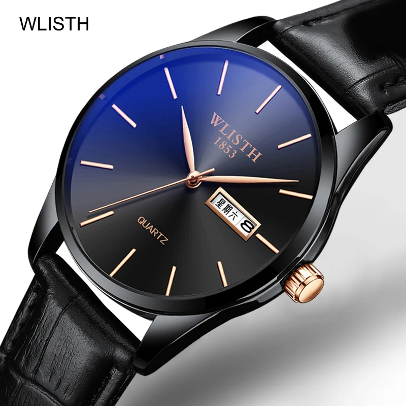

WLISTH модные деловые мужские часы с двойным календарем и кожаным ремешком, водонепроницаемые модные кварцевые наручные часы