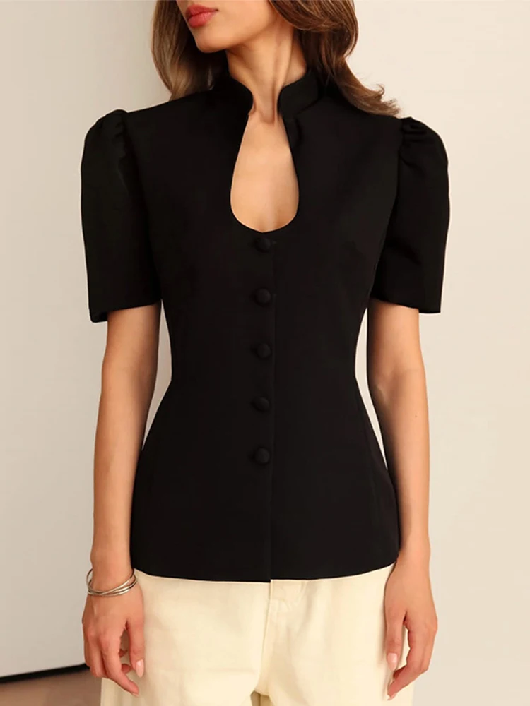 

Elegant Solid Stand Collar Blazer Women's Slim Lantern Sleeve Single Breasted Fashion Jacket 2025 Casual Street Female Coat