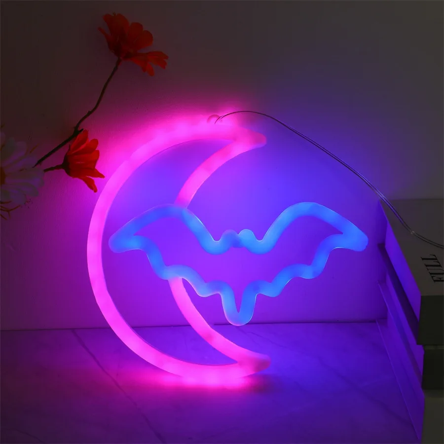 Bat Neon Signs Halloween Led Sign Moon Neon Light Sign Word Neon Light Sign Party Birthdad Bedroom Spooky Bat Holiday Wall Decor