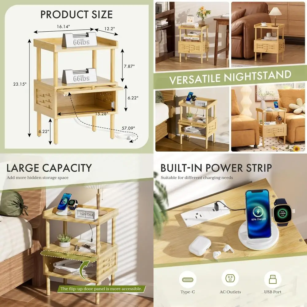 

Тумбочка из натурального бамбука с USB-зарядкой и розетками, приставной столик для спальни с подъемным ящиком и полкой