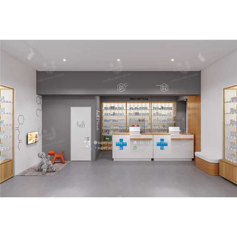 Mostrador de recepción de farmacia al por menor, muebles personalizados, Mostrador de exhibición de farmacia, escaparate, mostrador de recepción médica