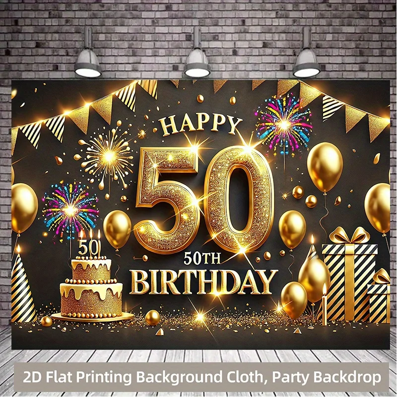 50th Birthday Tapestry, Golden Black Balloons and Confetti Design,Milestone Celebration Wall Art for Photo Booth and Party Decor