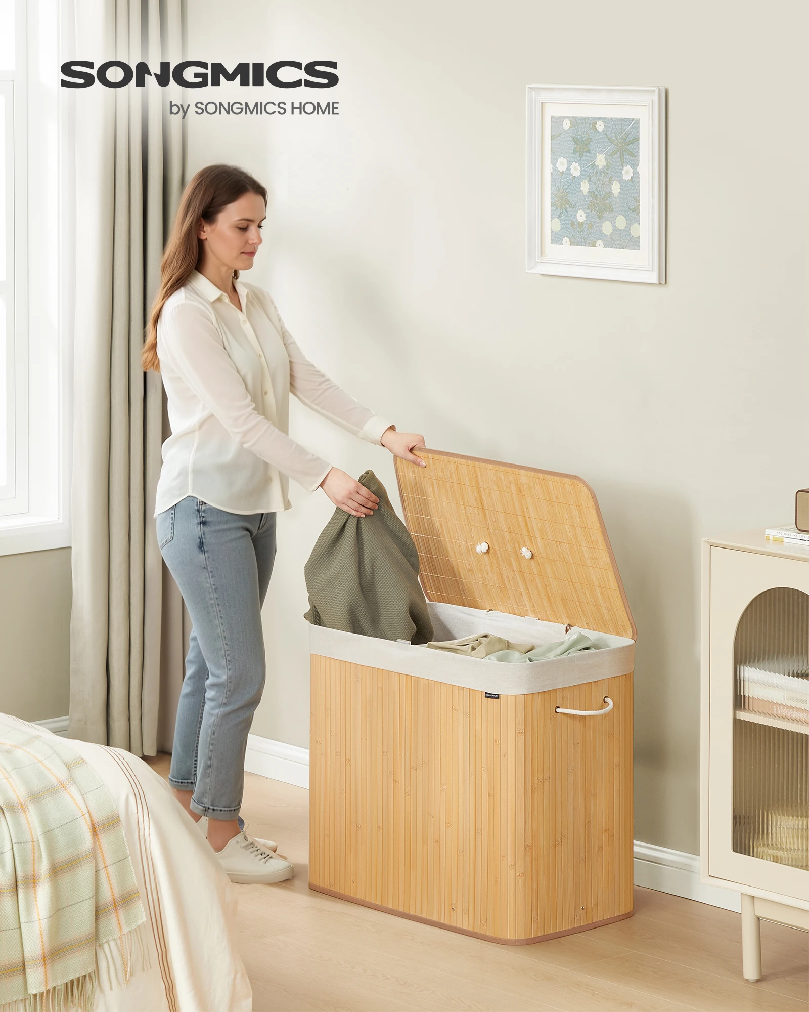 Wäschekorb mit Deckel, 3 Fächer, 170 l, faltbar, abnehmbarer und maschinenwaschbarer Beutel, mit Griffen, Natur