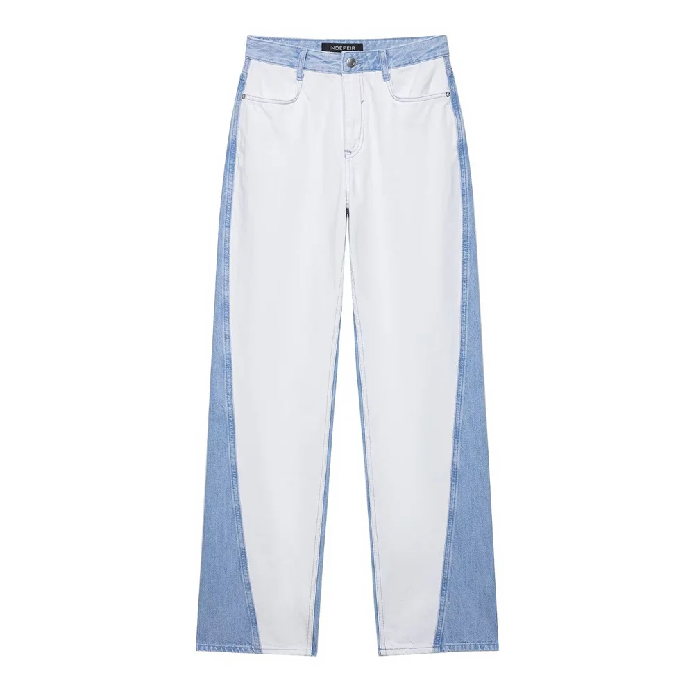 Estilo europeu e americano outono novo produto feminino emendado jaqueta jeans calças de cintura média
