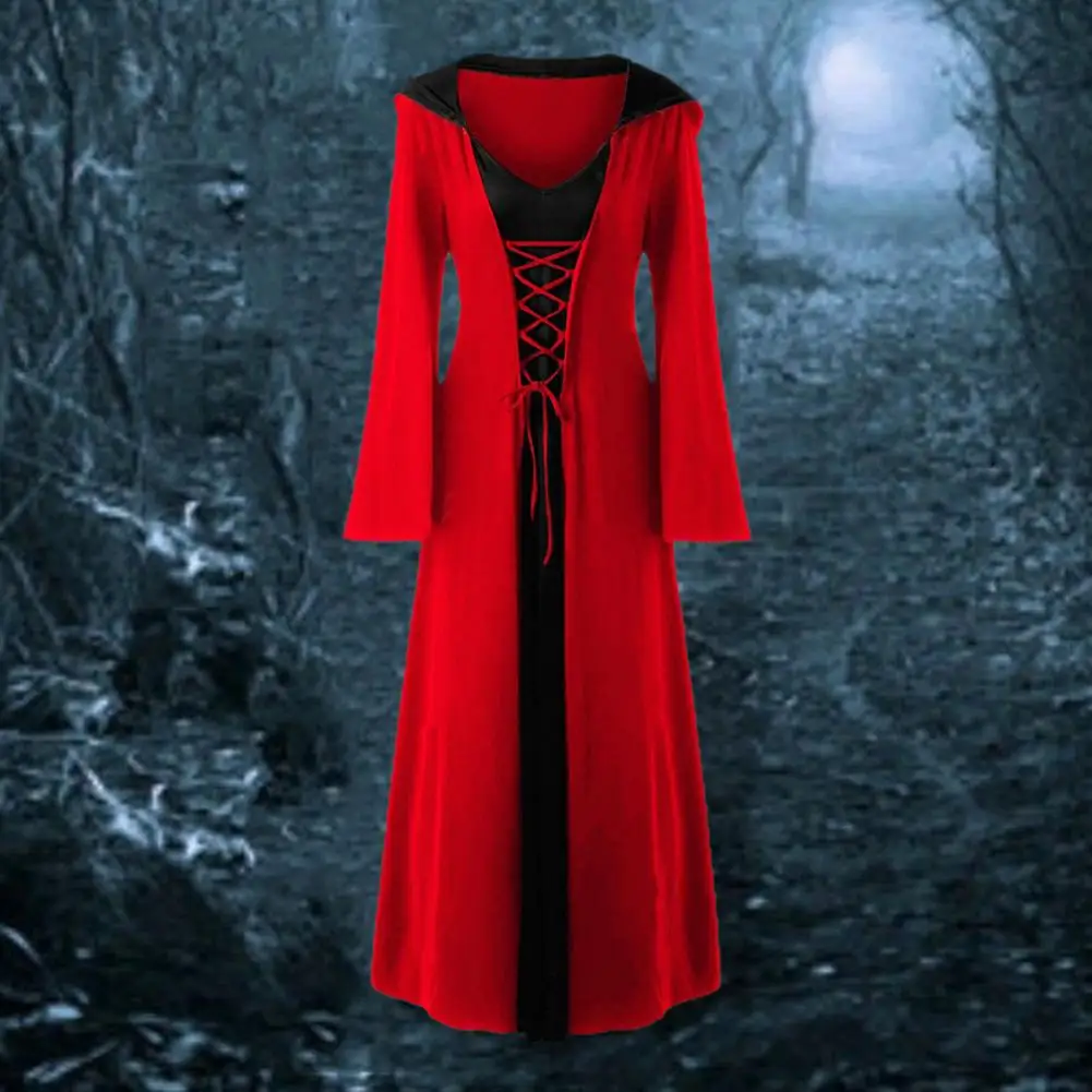 Halloween Costume Women Halloween Dress Dark Style Halloween Witch Costume with Lace-up Strap Hood Long Horn Sleeves for A-line