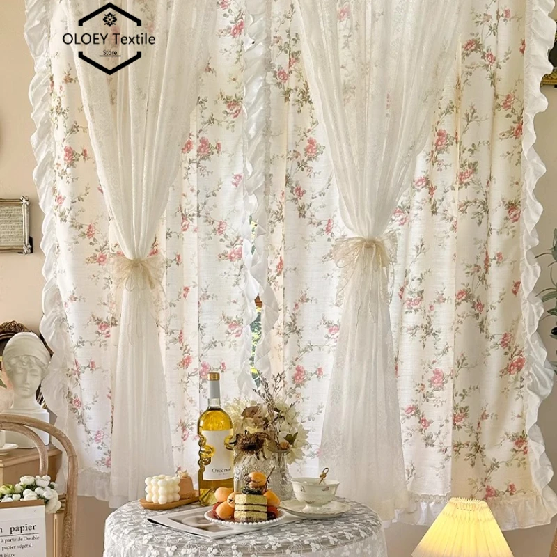 

Американская маленькая хлопковая льняная двухслойная кружевная прозрачная занавеска с цветочным принтом для гостиной, спальни, прозрачная пряжа в кремовом стиле с французским окном