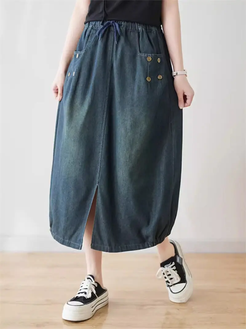 

Spring/Summer New Loose Slim Casual Versatile A-Line Jeans Skirt Women 2024 Retro Mid Length Denim Skirt Mujer Faldas K323