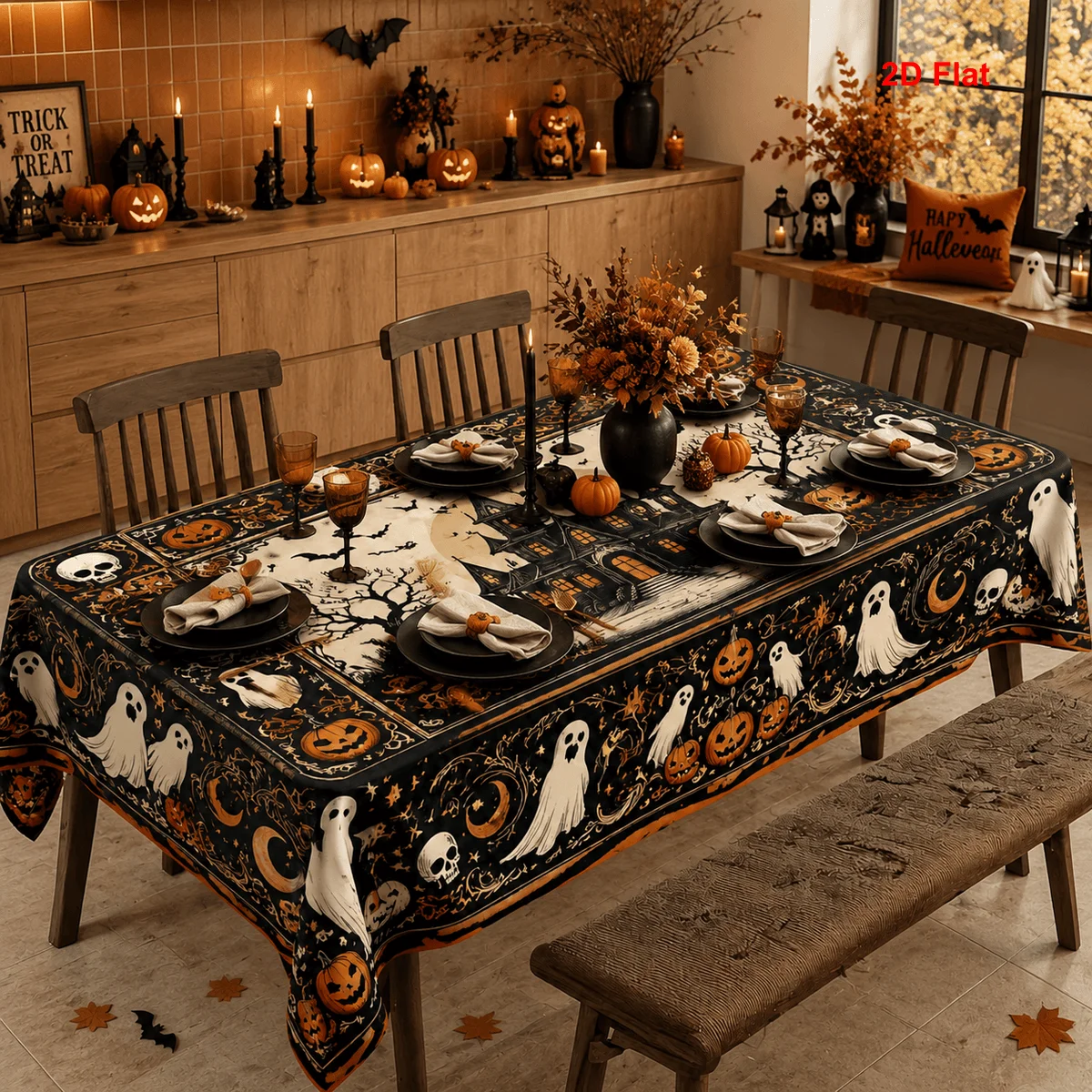2D flat 1 piece tablecloth halloween ghost pumpkin haunted house print adult rectangle polyester autumn