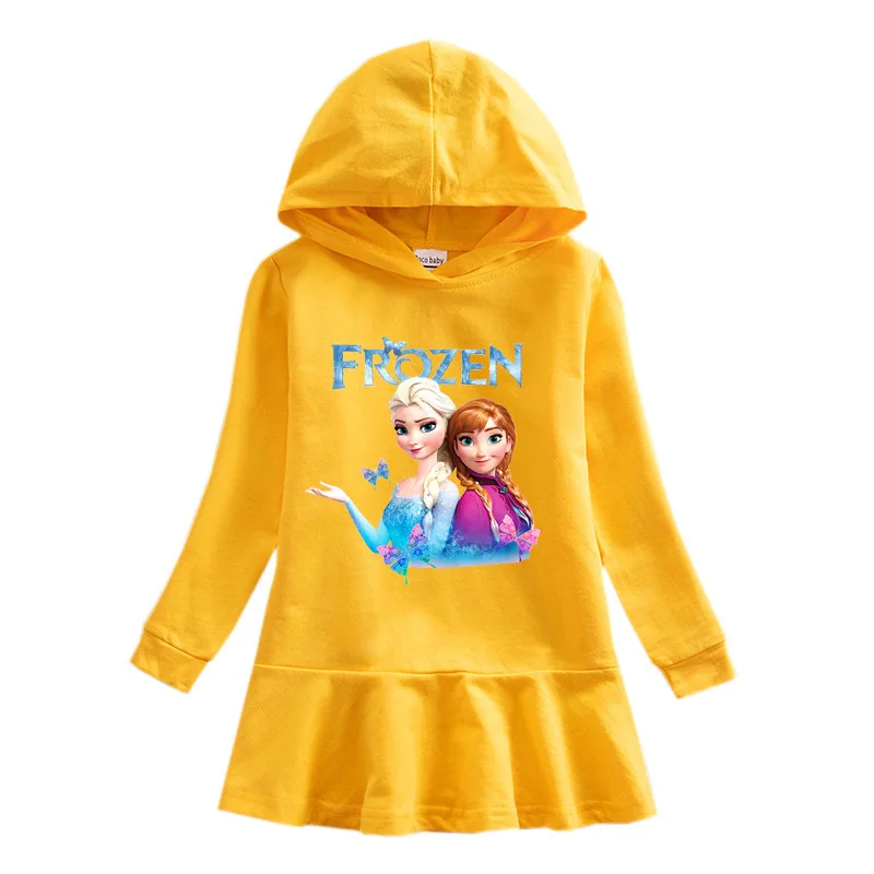 

MINISO Going Out New Style Girls Hooded Sweatshirt Dress Frozen Cartoon Baby Spring and Autumn Cotton Dress Birthday Gift
