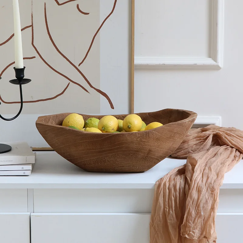 French Wabi-Sabi Fruit Bowl Solid Wood Tea Room Serving Tray Minimalist Living Room Ornaments Artisan Hand-Carved Snack Platter