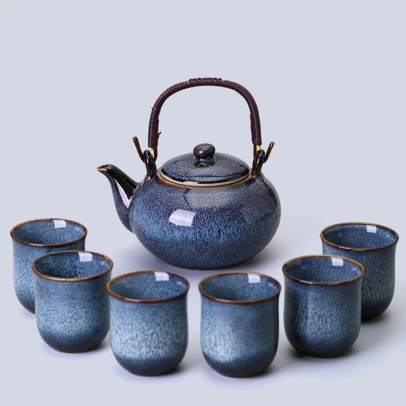 Black glaze large capacity tea set with filter Japanese ceramic beam teapot teacups set of household gifts high-grade