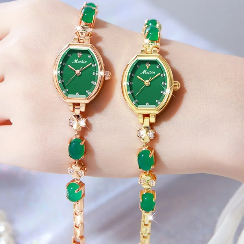 Women\'s Luxury Watch Exquisite Inlaid Green Jade Lady Quartz Watch Fashion 3 Bar Waterproof Dial Chain Strap Relojes Para Mujer