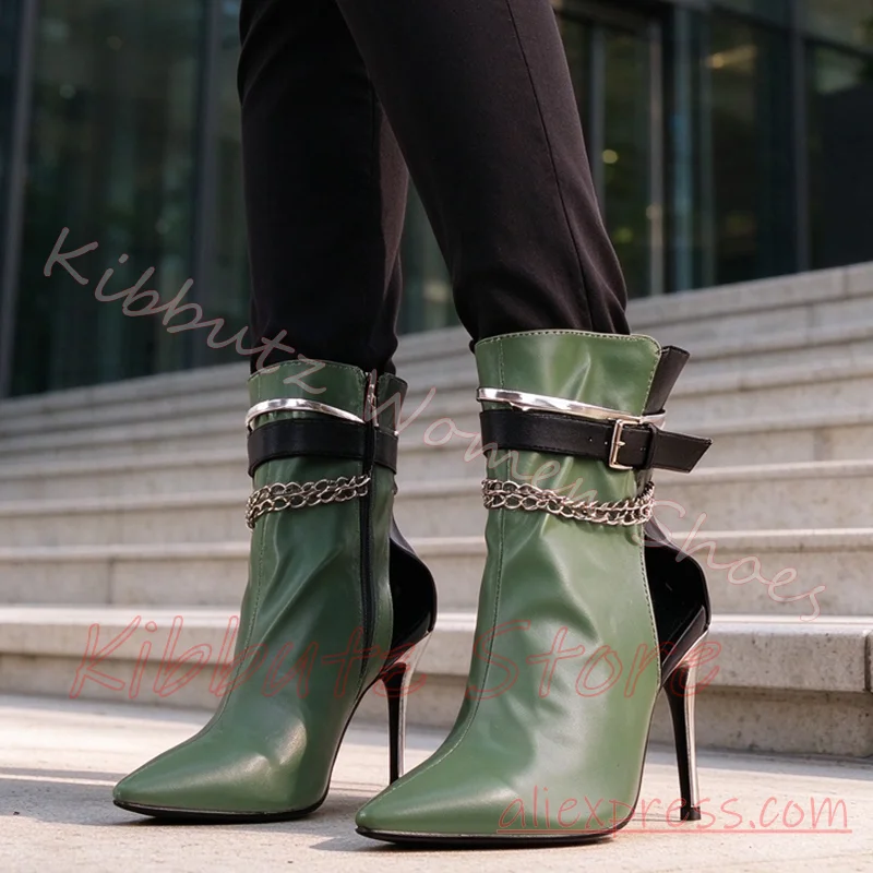 Chain Buckle Stiletto Ankle Boot Women Cutout Side Zipper Pointed Toe Leather Shoes Punk Club Party Fashion Footwear Elegant New